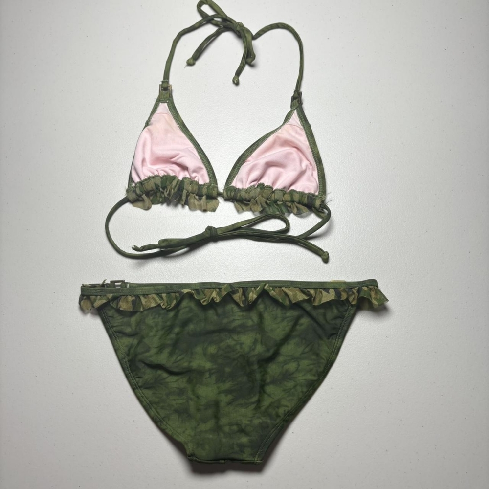 Xhilaration Women's Green and Pink Camo Ruffle Trim Tie Dye Triangle Bikini Set - Picture 2 of 8